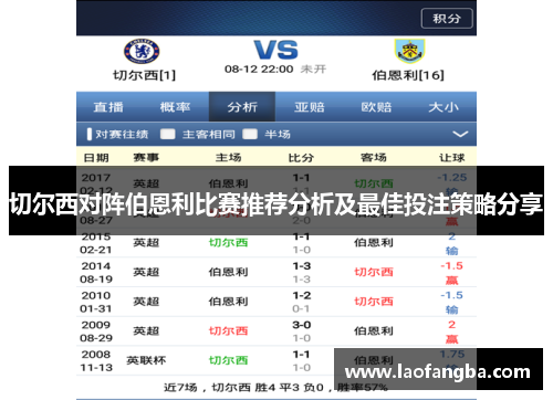 切尔西对阵伯恩利比赛推荐分析及最佳投注策略分享