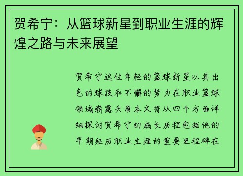 贺希宁：从篮球新星到职业生涯的辉煌之路与未来展望
